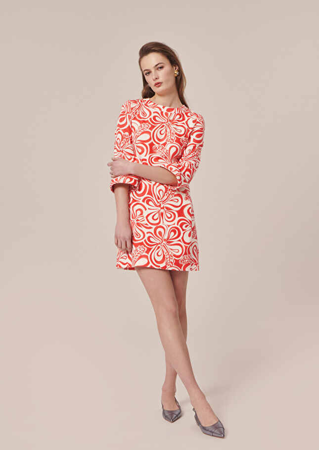 Rivanna ecru with coral graphic design cotton dress Coral TARA JARMON US