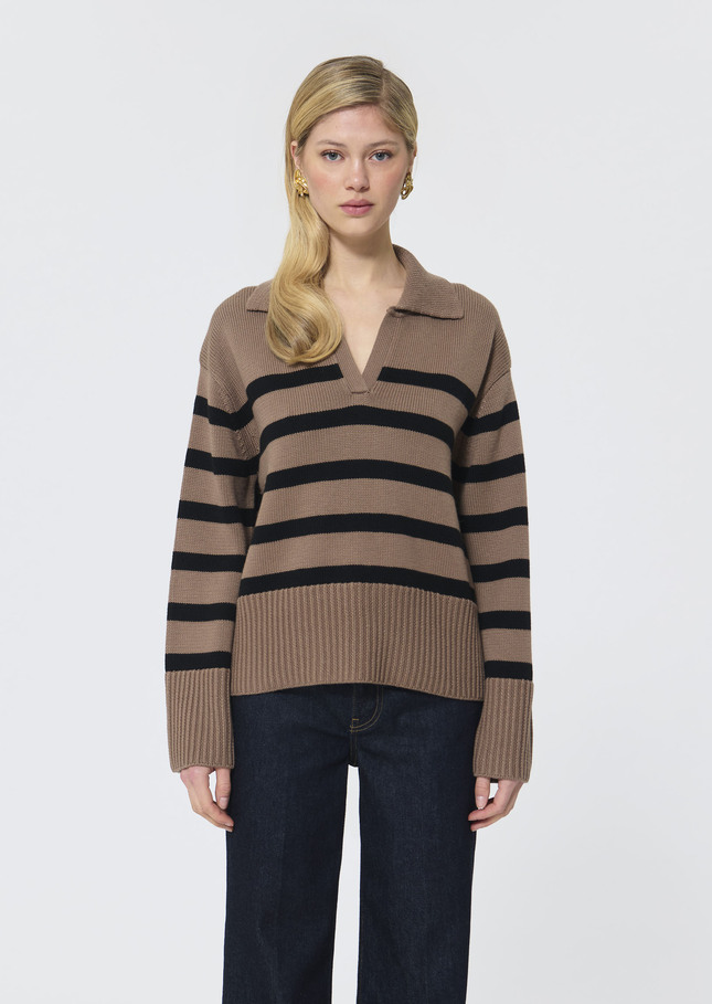 Paola sweater beige with black stripes in wool Taupe color TARA JARMON US