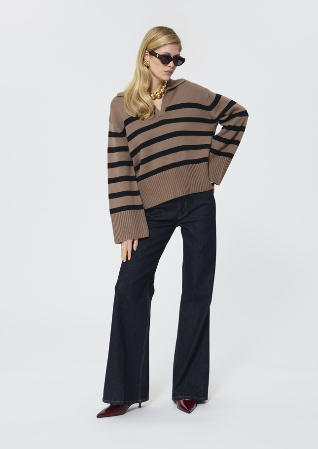Paola sweater beige with black stripes in wool Taupe color TARA JARMON US