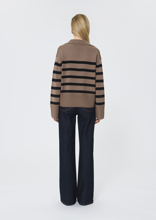 Paola sweater beige with black stripes in wool Taupe color TARA JARMON US