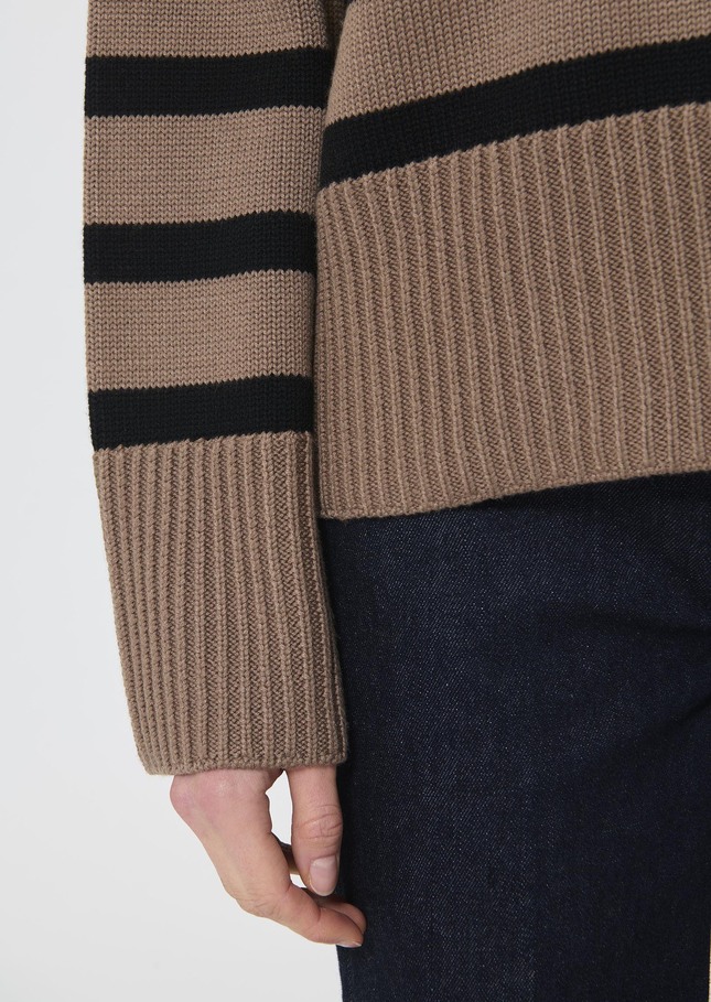 Paola sweater beige with black stripes in wool Taupe color TARA JARMON US