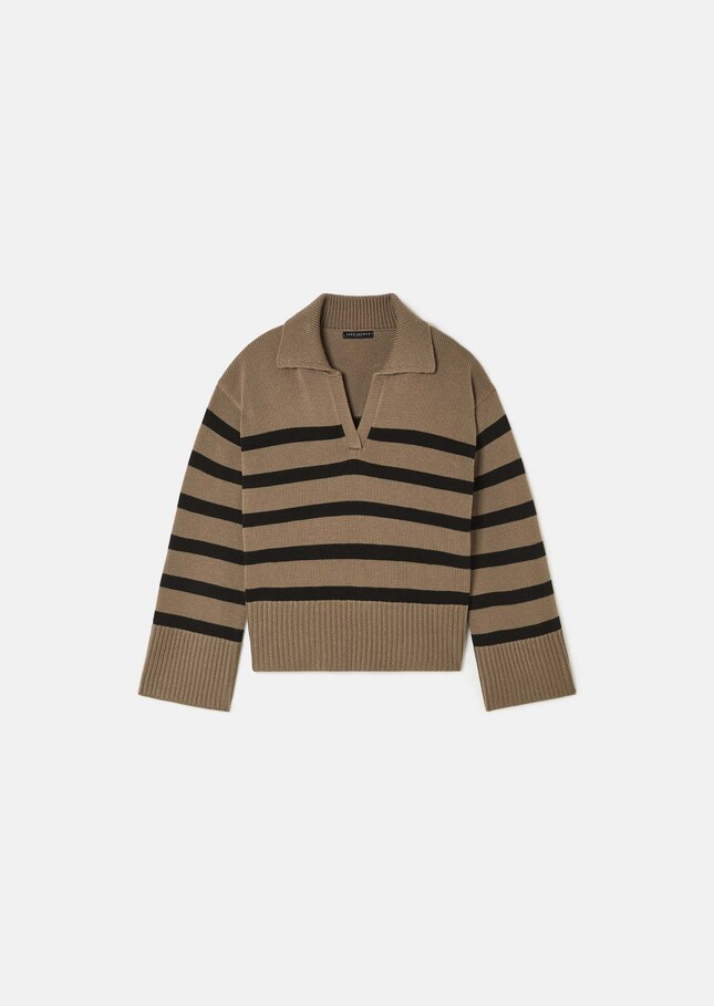 Paola sweater beige with black stripes in wool Taupe color TARA JARMON US
