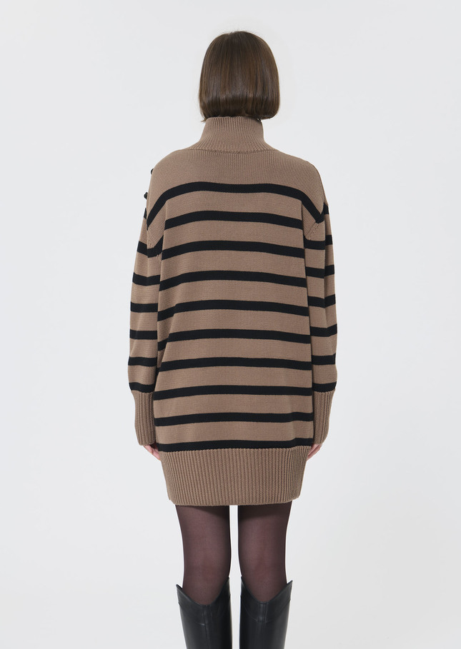 Roccio sweater dress beige with black stripes in wool Taupe color TARA JARMON US