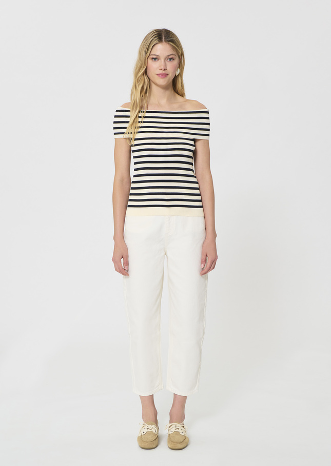 Twist T-shirt navy blue with ribbed knit stripes Night TARA JARMON US