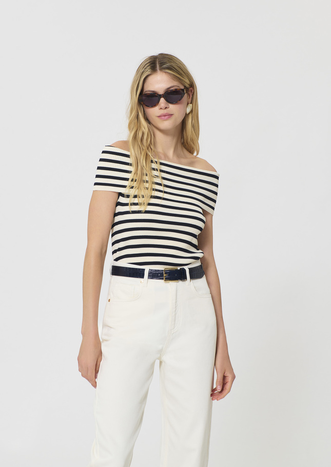 Twist T-shirt navy blue with ribbed knit stripes Night TARA JARMON US