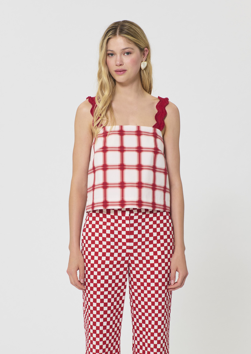 Top Thaddeo red checkered cotton Cerise TARA JARMON US