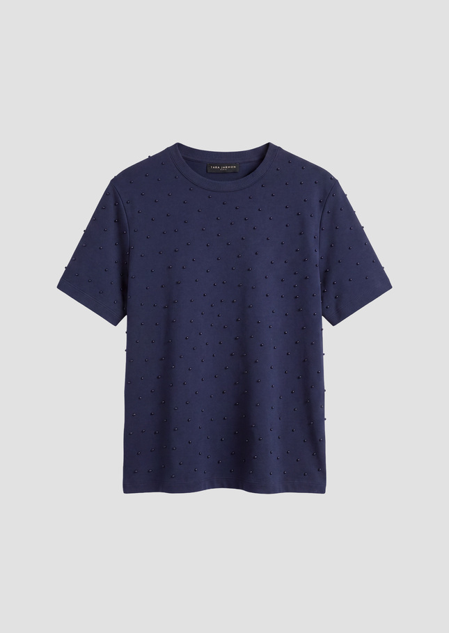 Tarapearl T-shirt midnight blue cotton embroidered with beads Night TARA JARMON US